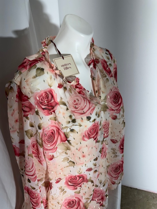 Sheer Rose-Print Blouse in Pink and Cream - Women's Floral Top - Picture 4 of 8